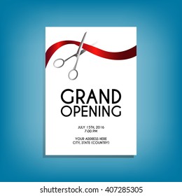 Grand opening flyer mock-up with silver scissors cutting red ribbon isolated on white background, design template for invitations. Size A6. Editable and movable objects. EPS 10.