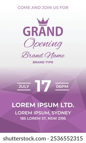 Grand Opening Flyer Template with Purple Low Poly Golden Geometric Background