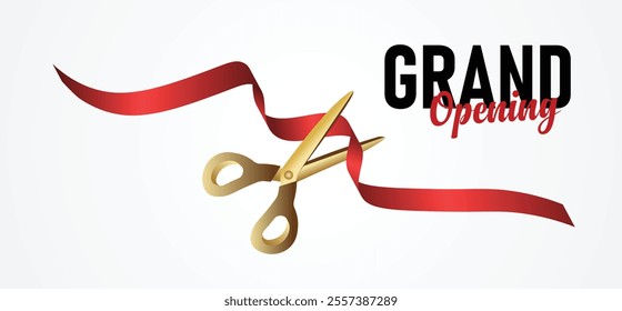 grand opening flying red ribbon with Scissors vector on white isolated