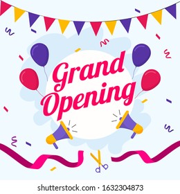 Grand Opening Font with Loudspeakers, Balloons and Ribbon Cutting Scissor on Pastel Blue Background.