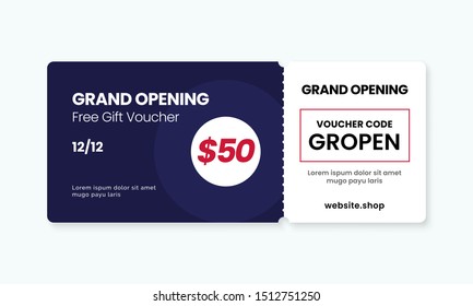 Grand opening gift voucher card template design. cashback coupon code promotion vector illustration