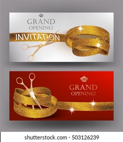 Grand opening gold curly ribbons and scissor. Horizontal banners. Vector illustration