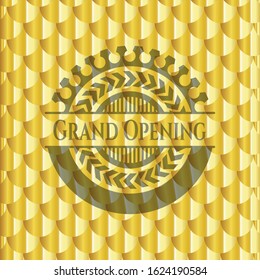 Grand Opening gold emblem or badge. Scales pattern. Vector Illustration. Detailed.