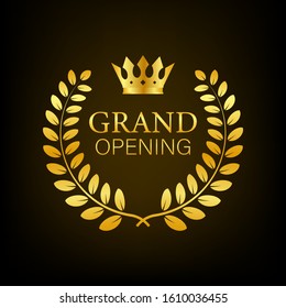 Grand opening Gold sign with laurel. Vector stock illustration