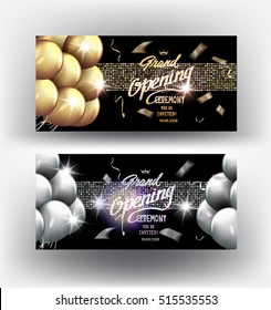 Grand opening gold and silver elegant banners with sparkling ribbons, air balloons and confetti. Vector illustration