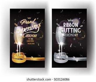 Grand opening gold and silver vertical banners with confetti, glasses of champagne and sparkling ribbons. Vector illustration