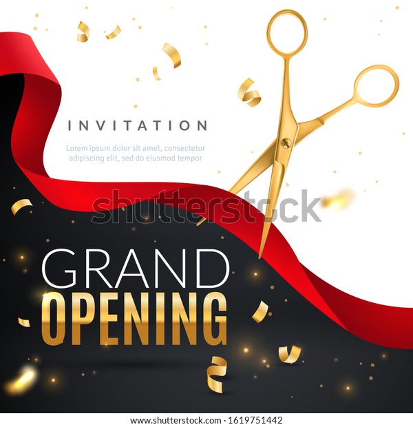 Grand opening. Golden confetti and\
scissors cutting red silk ribbon, inauguration ceremony banner,\
opening celebration vector launch of business\
poster