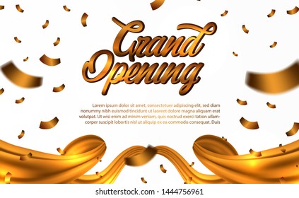 Grand Opening golden text with falling down gold confetti and gold silk gold and with white background poster banner template