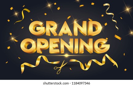 Grand opening golden text with gold scissors cutting gold ribbon on black sparkling background.