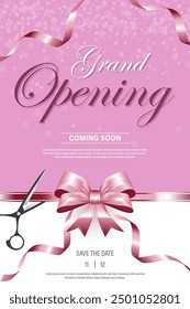 grand opening greeting card, pink ribbon and background, feminine theme.