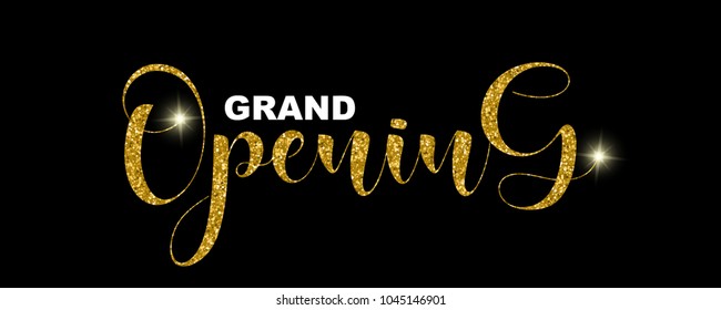 Grand Opening handwritten script, text isolated on black background, vector illustration. Gold calligraphic lettering font, glitter sparkles, design elements for web banners, cards, invitations, shop.