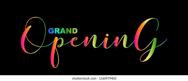 Grand Opening handwritten script, text isolated on black background, vector illustration. Neon calligraphic lettering font, multicolored design elements for web banners, cards, invitations.