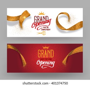 Grand Opening horisontal banners with abstract gold cut ribbons
