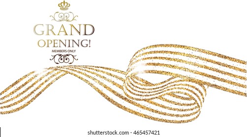 Grand Opening horizontal banner with gold sparkling abstract ribbon. Vector illustration