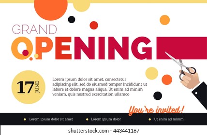 Grand opening horizontal banner. Hand holding scissors and cutting red ribbon.  Flat  style. Vector Illustration