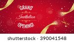 Grand opening horizontal banner. Text with  confetti, golden splashes  and ribbons.Gold sparkles.  Elegant style. Vector Illustration