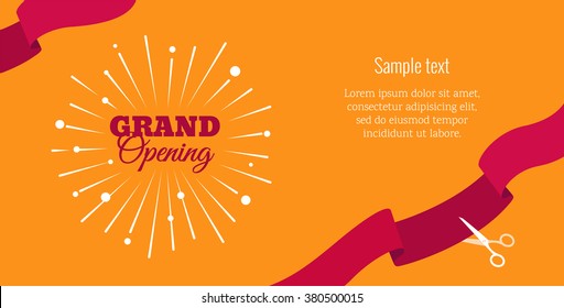 Grand opening horizontal banner. Text with  firework and ribbons. Flat style. Vector Illustration. Eps 8