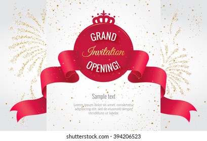 Grand opening horizontal banner. Text with  firework and curving ribbon. Gold sparkles.  Elegant style.   Vector Illustration