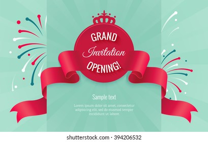 Grand opening horizontal banner. Text with  firework and curving ribbon. Flat style. Vector Illustration