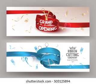 Grand opening horizontal banners with curly blue and red ribbons, scissors and confetti