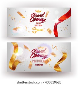 Grand Opening horizontal banners with sparkling gold and red  ribbons. Vector illustration