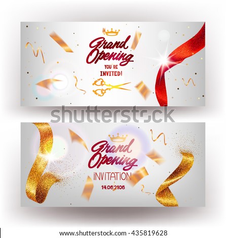 Grand Opening horizontal banners with sparkling gold and red  ribbons. Vector illustration
