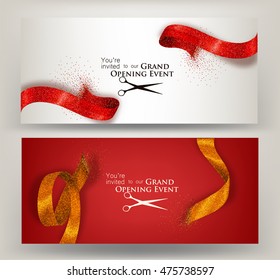 Grand opening horizontal cards with  sparkling cut ribbons. Vector illustration