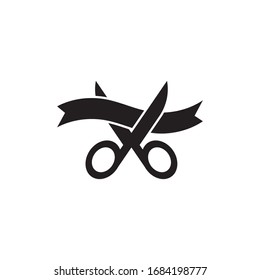 Grand opening icon design. Scissors cut the red ribbon, isolated on white background. vector illustration