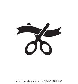 Grand opening icon design. Scissors cut the red ribbon, isolated on white background. vector illustration