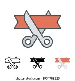 Gran icono de apertura con un estilo diferente. Iconos vectoriales de tijera y cinta de color diseñados con un contorno relleno, línea, plano, glifo y estilo sólido. Ilustración vectorial aislada en fondo blanco. EPS 10