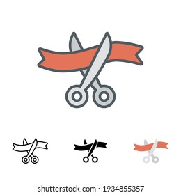 Gran icono de apertura con un estilo diferente. Iconos vectoriales de tijera y cinta de color diseñados con un contorno relleno, línea, plano, glifo y estilo sólido. Ilustración vectorial aislada en fondo blanco. EPS 10