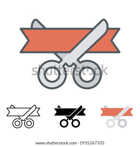 Grand opening icon in different style. Colored scissor and ribbon vector icons designed in filled outline, line, flat, glyph and solid style. Vector illustration isolated on white background. EPS 10