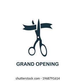 Grand Opening Icon. Scissors Cutting Ribbon Icon. Open, Ribbon, Cut, Inauguration, Scissors, Ceremony concept. Grand Opening pictogram on white background. Vector illustration.