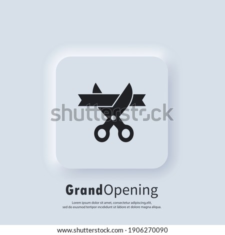 Grand opening icon. Scissors cutting ribbon. Vector. UI icon. Opening icon in simple design. Inauguration symbol. Neumorphic UI UX white user interface web button. Neumorphism style.