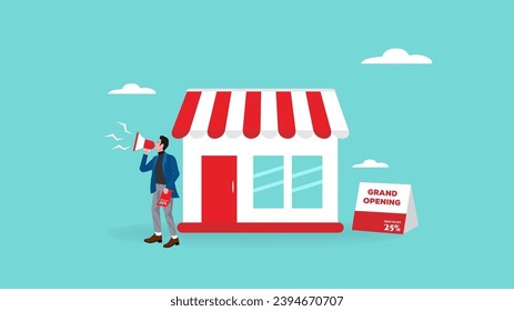 grand opening illustration with the concept of an entrepreneur opening a new shop while promoting his shop, open store in new location concept, businessman start small business or retail shop design
