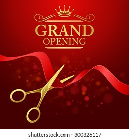 Grand opening illustration with red ribbon and gold scissors EPS 10