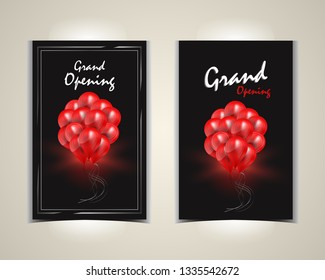 Grand Opening Invitation With  Abstract Frame And Red Balloons. Vector Illustration. Grand Opening posters. Typographic design with realistic red glossy balloons