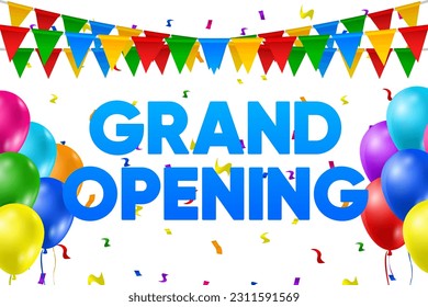 Grand opening invitation banner with balloons and confetti. Grand opening poster template design. Flyer, marketing or banner. Vector illustration.