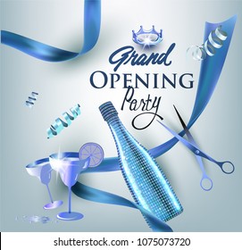 Grand opening invitation banner with blue objects. Vector illustration