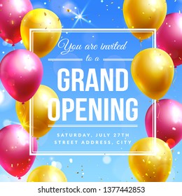 Grand opening invitation banner with colorful balloons. Vector template.