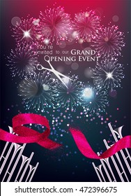 GRAND OPENING INVITATION BANNER WITH CUT RIBBON AND FIREWORKS