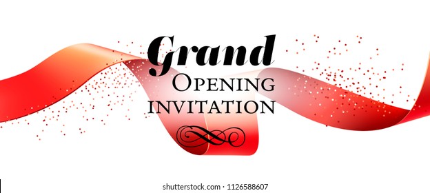 Grand opening invitation, banner design with red ribbon, swirls and confetti. Festive template can be used for invitation cards, flyers, posters.