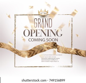 Grand opening invitation banner with gold ribbons with pattern and confetti. Vector illustration