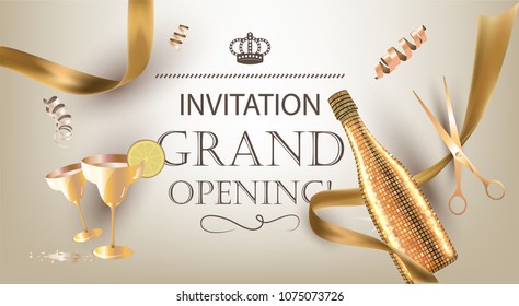 Grand opening invitation banner with golden objects. Vector illustration