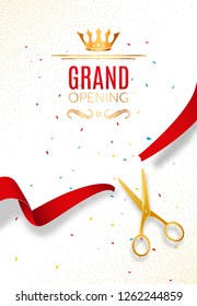 Grand Opening invitation banner. Golden Ribbon cut ceremony event. Grand opening celebration card.