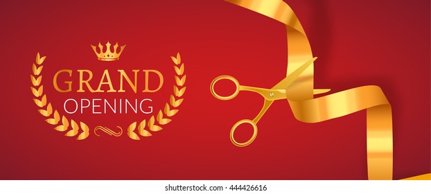 Grand Opening invitation banner. Golden Ribbon cut ceremony event. Grand opening celebration card.