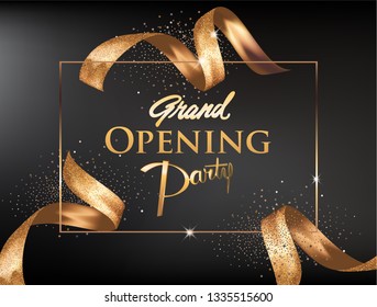 Grand opening invitation banner with levitating rold rivvoons and frame. Vector illustration