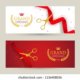 Grand Opening invitation banner. Red Ribbon cut ceremony event. Grand opening celebration card.