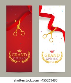 Grand Opening invitation banner. Red Ribbon cut ceremony event. Celebration card.