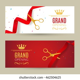 Grand Opening invitation banner. Red Ribbon cut ceremony event. Grand opening celebration card.